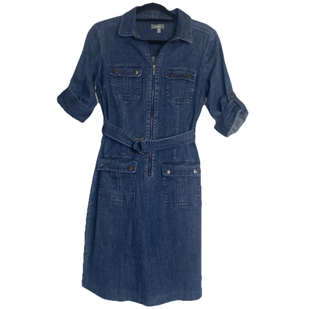 Neiman Marcus Denim Dress Blue Zip Front Belted Cargo Workwear Womens Size 6